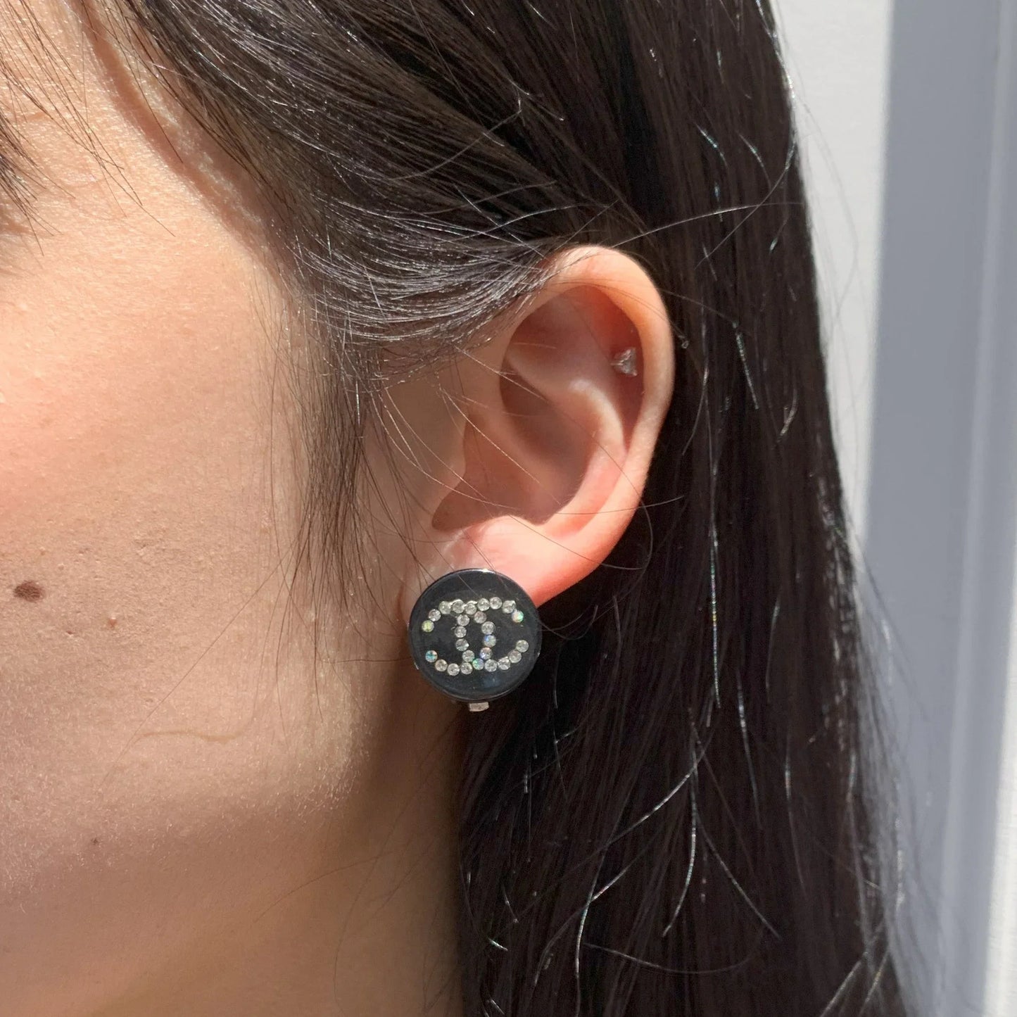Chanel Button Earrings Clip-On Rhinestone Black 03A