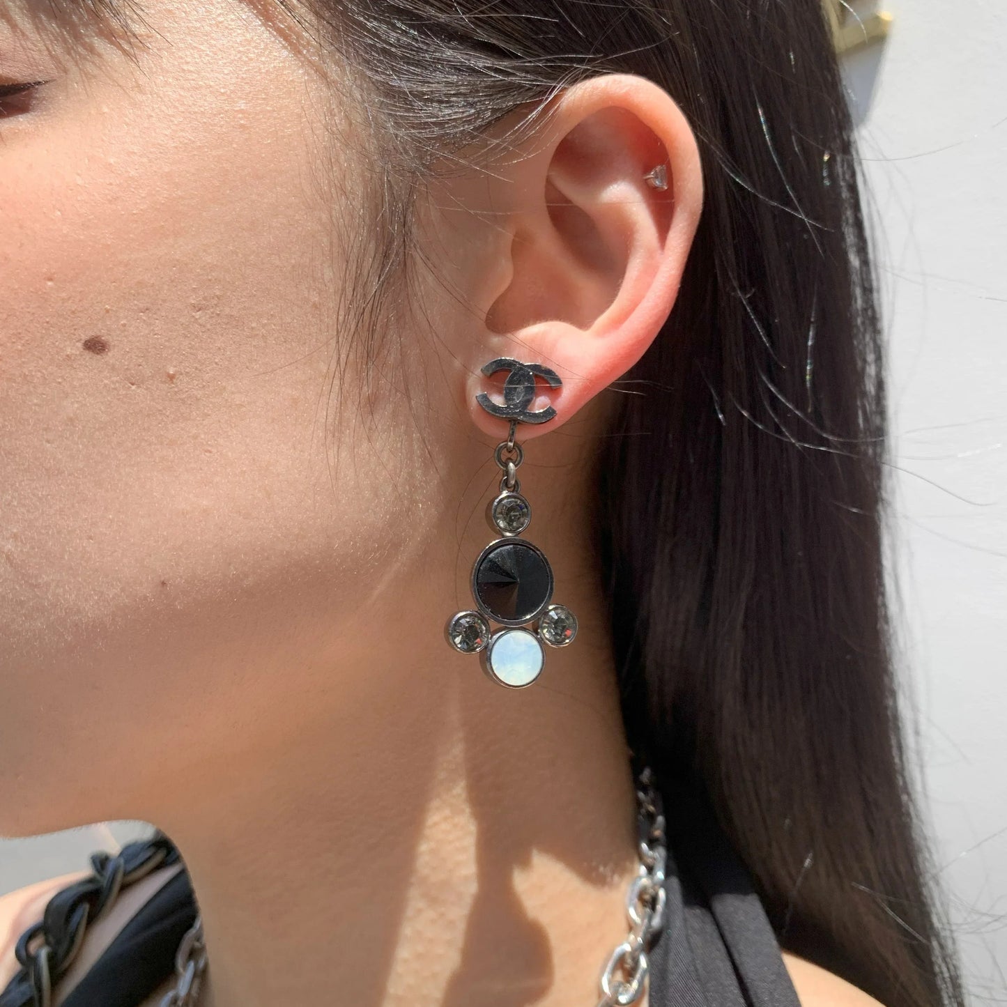 Chanel CC Dangle Earrings Clip-On Rhinestone 06A