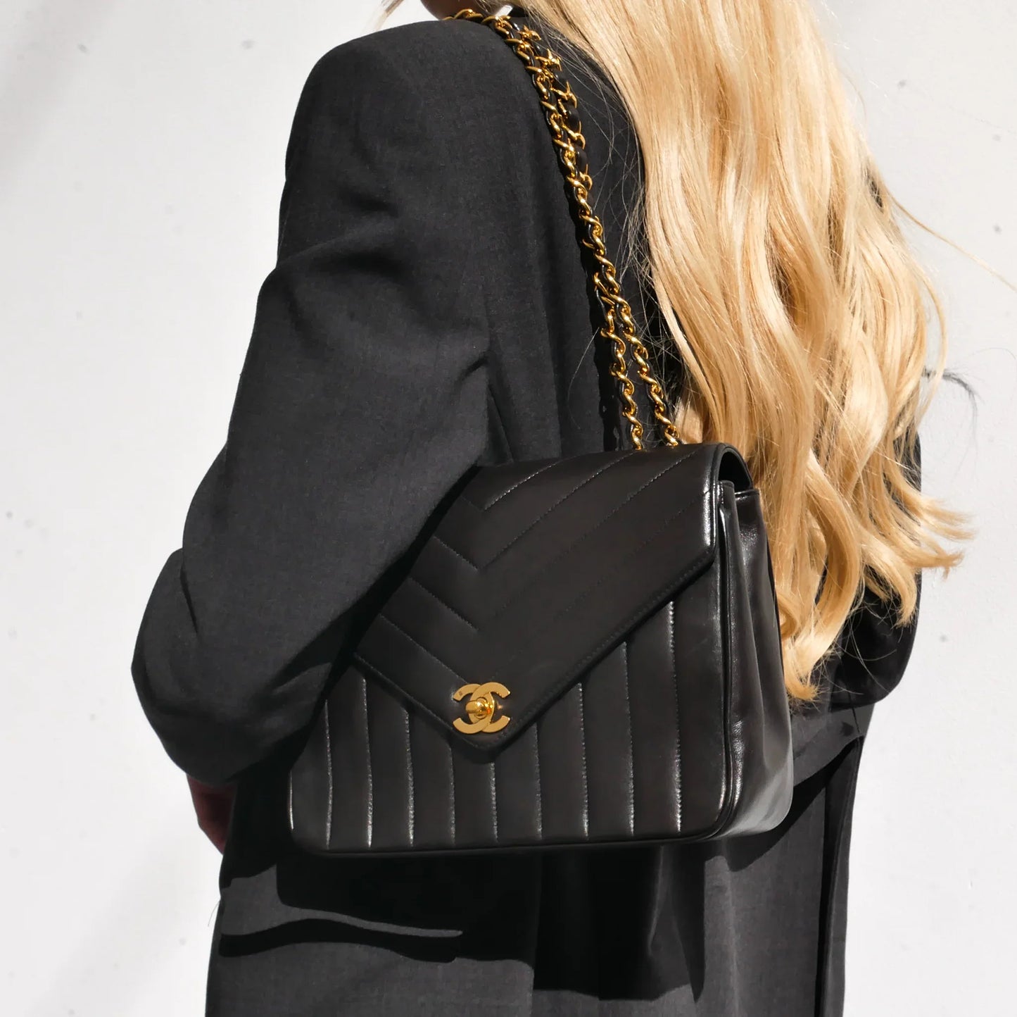 CHANEL 1991-1994 Black Lambskin Chevron Letter Flap Small