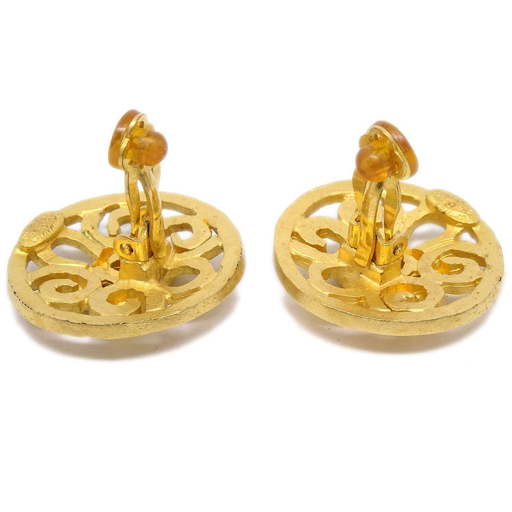 Chanel 1995 Fretwork Paisley Round Earrings Clip-On Gold