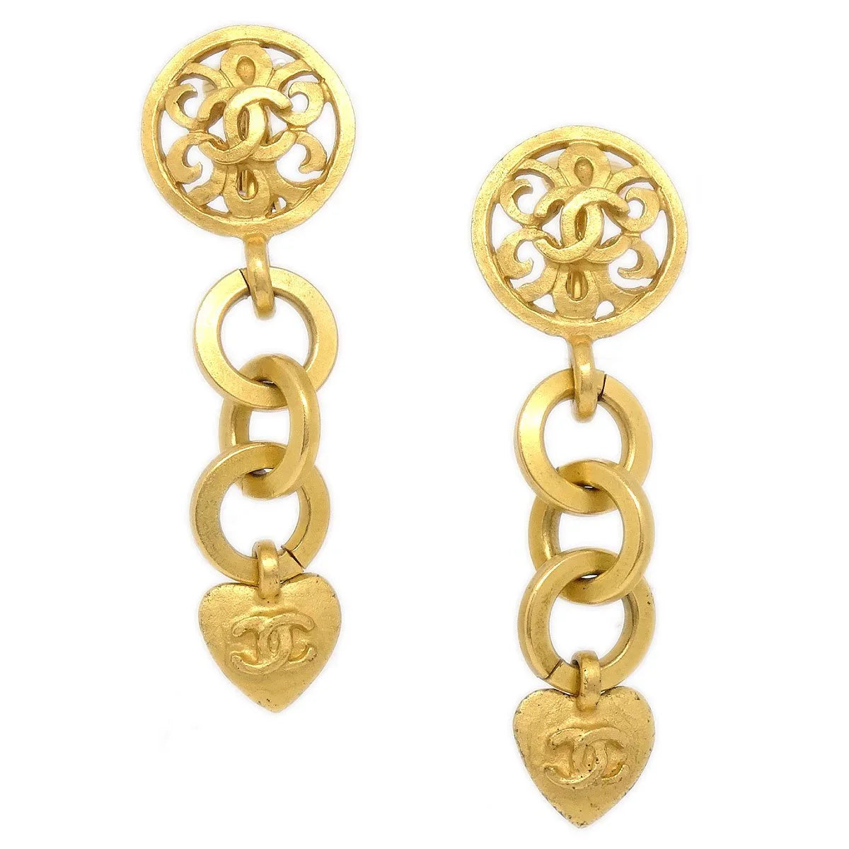 CHANEL 1995 Heart Dangle Earrings Clip-On Gold