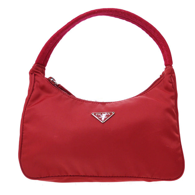 PRADA Vintage Logo Handbag Pochette Shoulder Bag Red Silver 