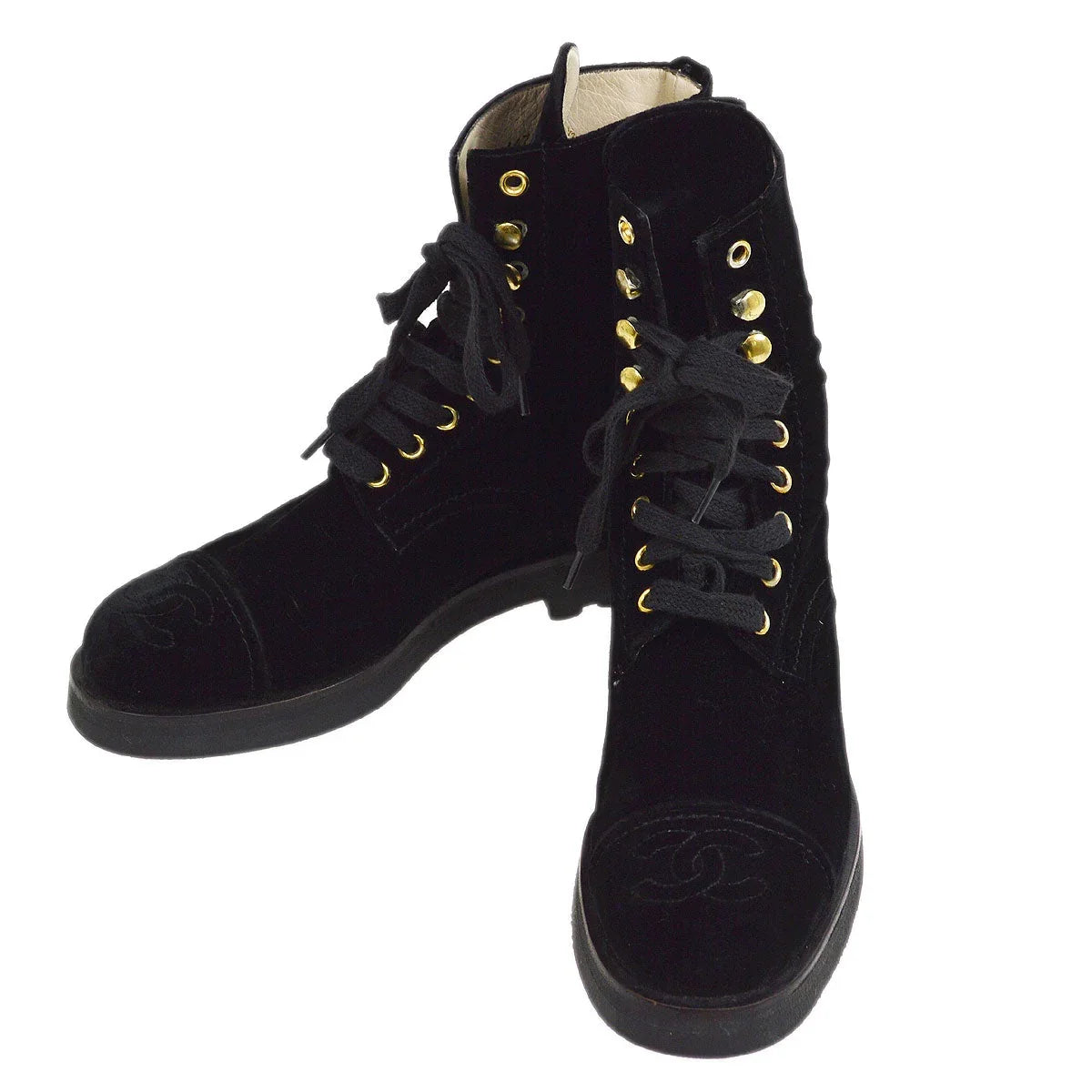 Chanel Black Velvet Lace-Up Boots Shoes #36 1/2