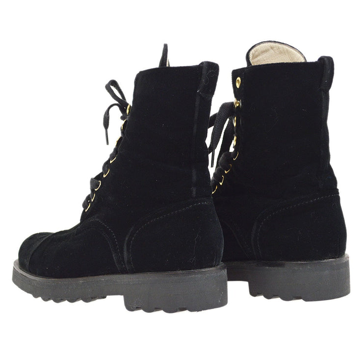 Chanel Black Velvet Lac-Up Boots Shoes #36 1/2