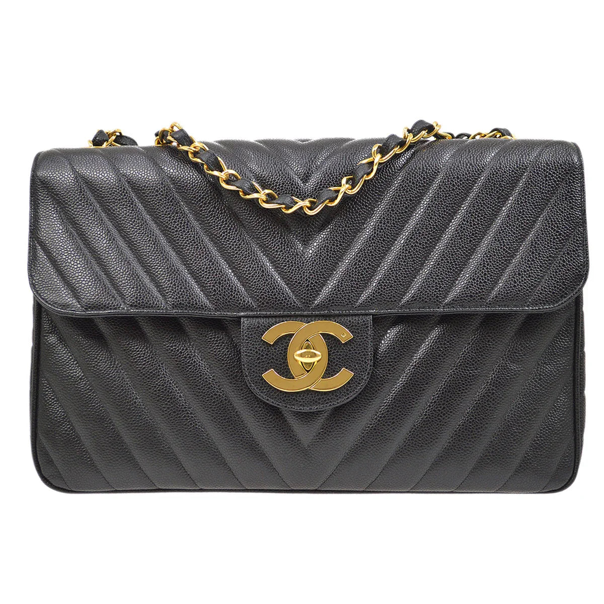 CHANEL 1991-1994 Black Caviar Chevron Classic Flap Bag Maxi