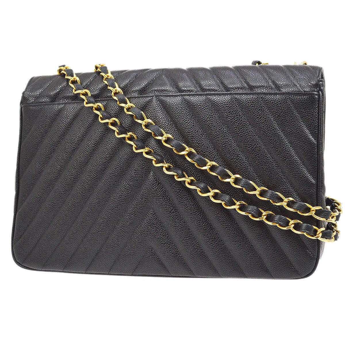 CHANEL 1991-1994 Black Caviar Chevron Classic Flap Bag Maxi