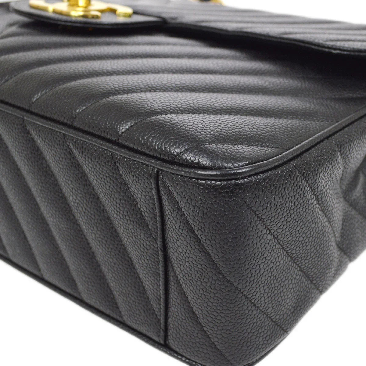 CHANEL 1991-1994 Black Caviar Chevron Classic Flap Bag Maxi