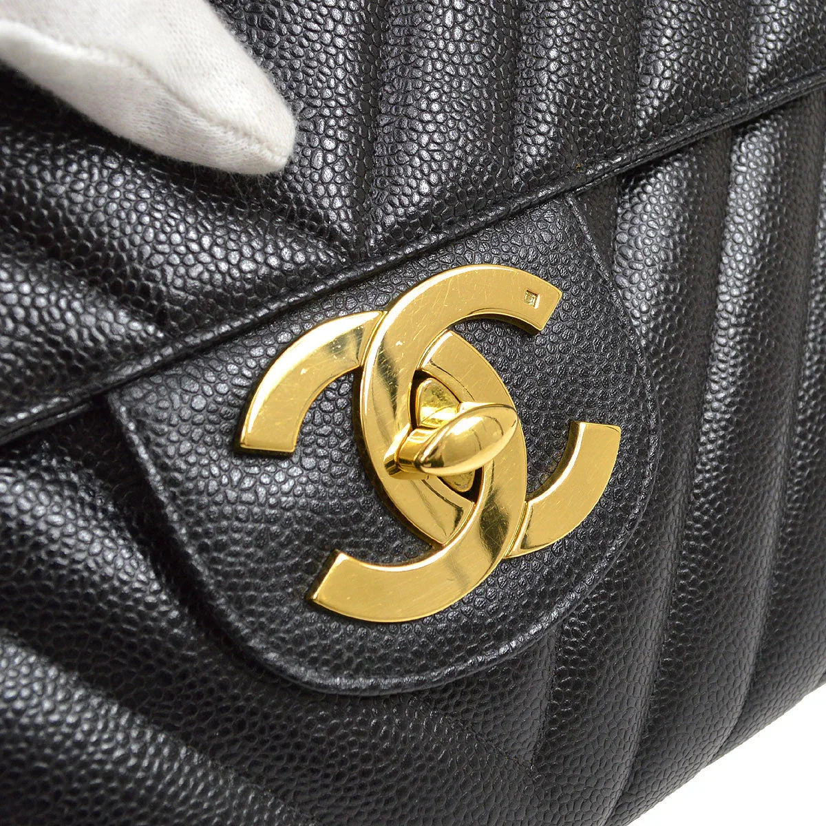 CHANEL 1991-1994 Black Caviar Chevron Classic Flap Bag Maxi