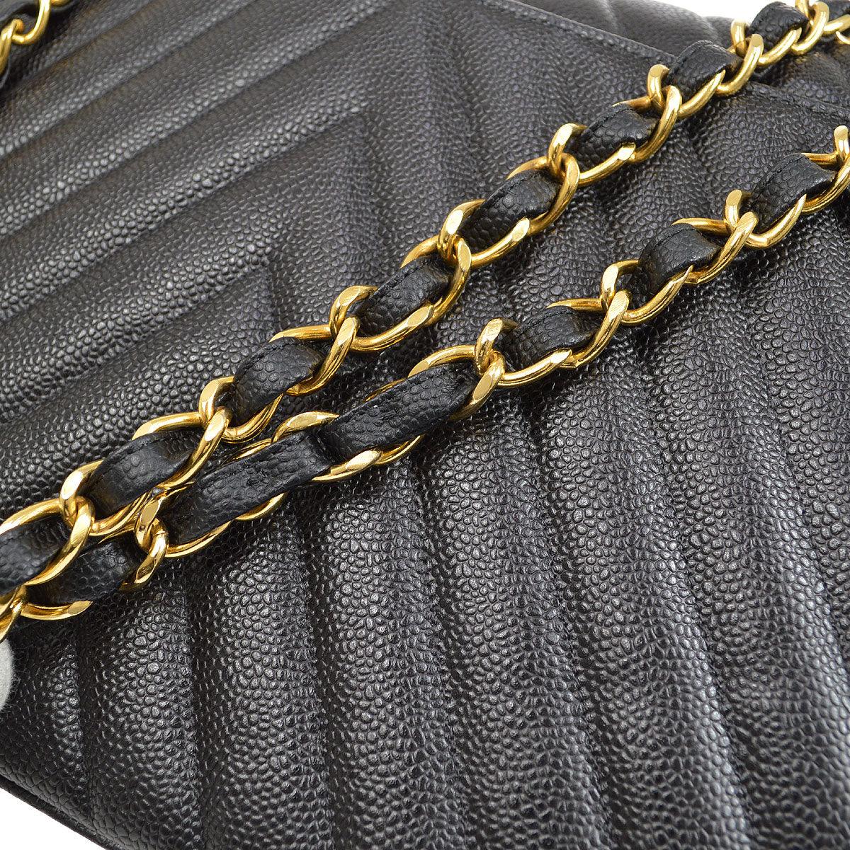 CHANEL 1991-1994 Black Caviar Chevron Classic Flap Bag Maxi