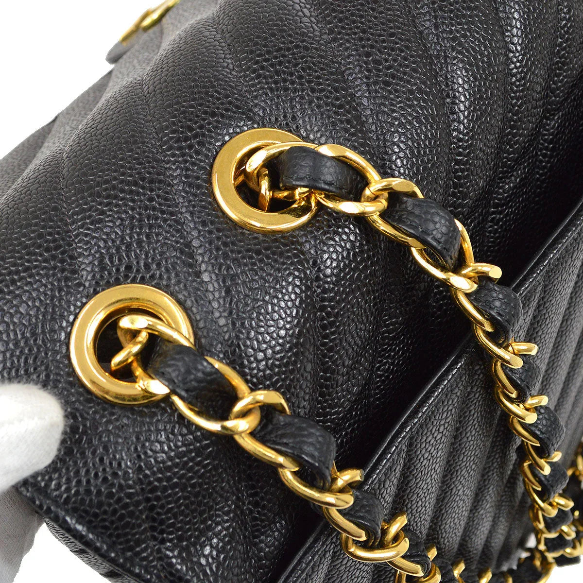 CHANEL 1991-1994 Black Caviar Chevron Classic Flap Bag Maxi