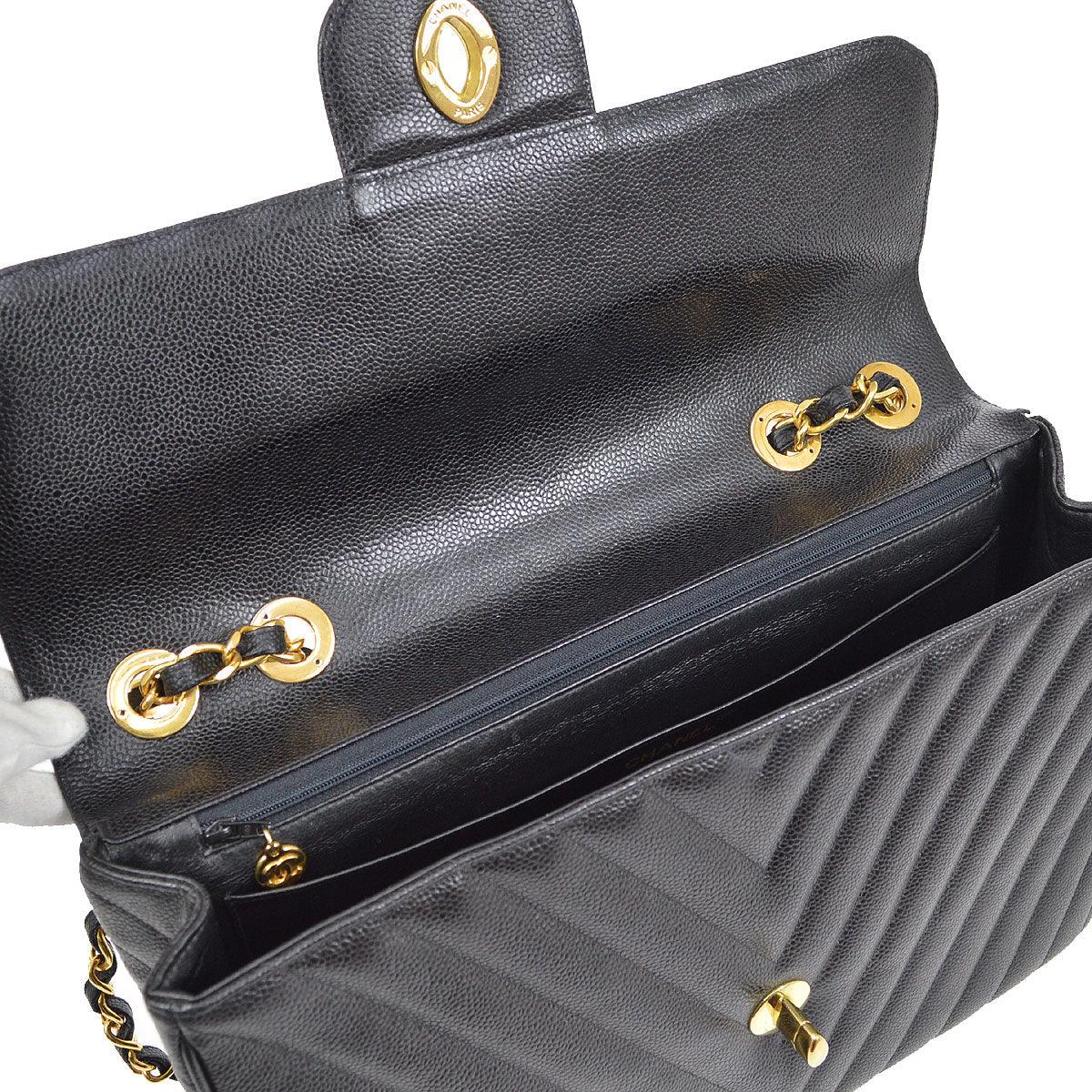 CHANEL 1991-1994 Black Caviar Chevron Classic Flap Bag Maxi