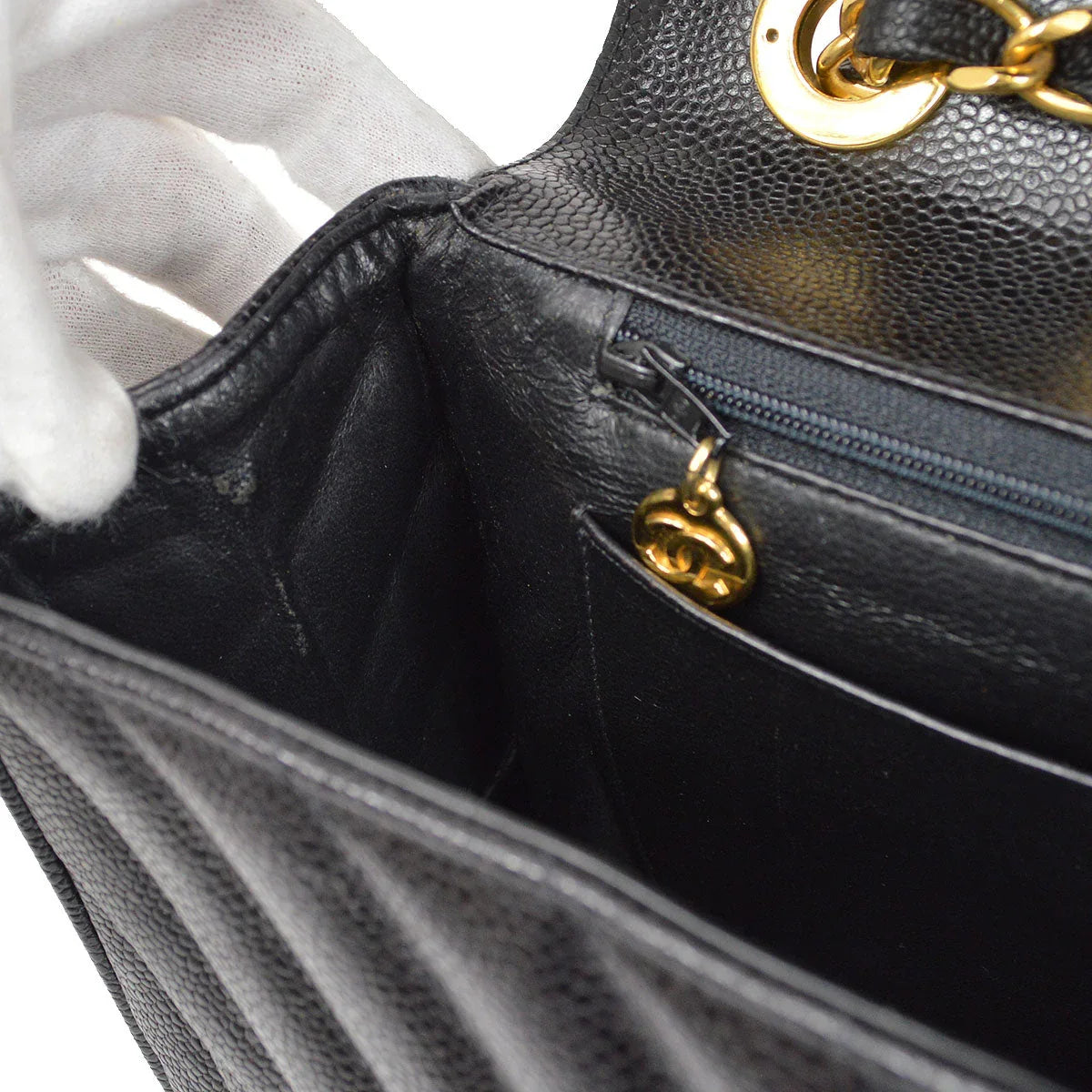 CHANEL 1991-1994 Black Caviar Chevron Classic Flap Bag Maxi