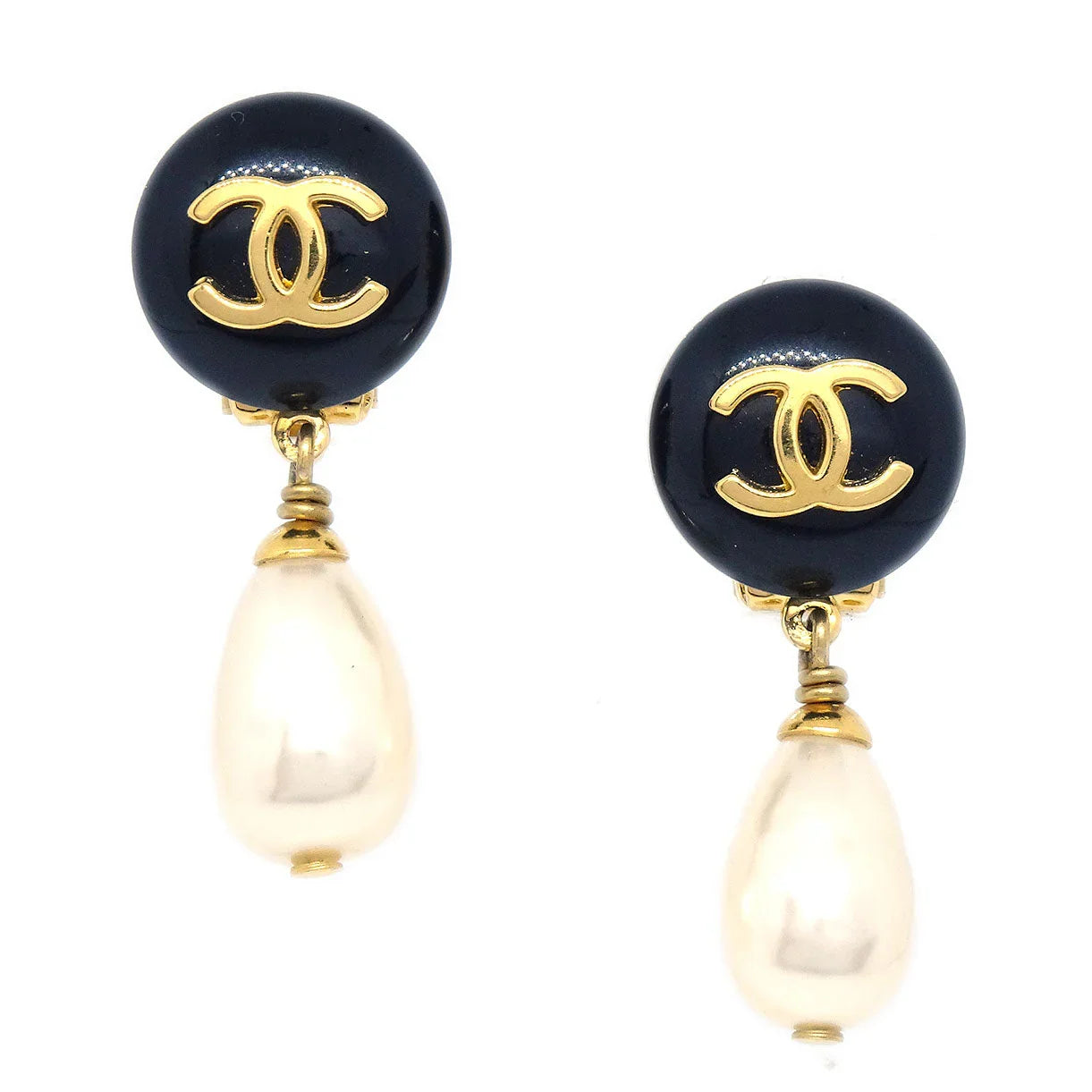 Chanel 1997 CC Black & Faux Teardrop Pearl Dangle Earrings