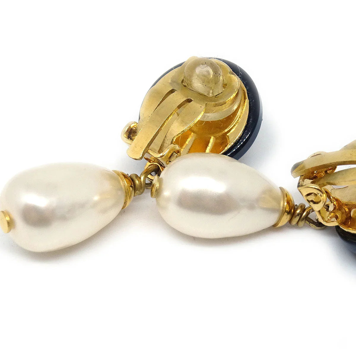 Chanel 1997 CC Black & Faux Teardrop Pearl Dangle Earrings
