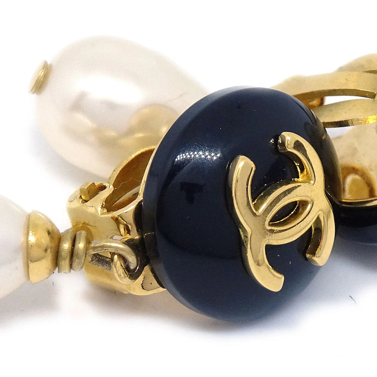 Chanel 1997 CC Black & Faux Teardrop Pearl Dangle Earrings