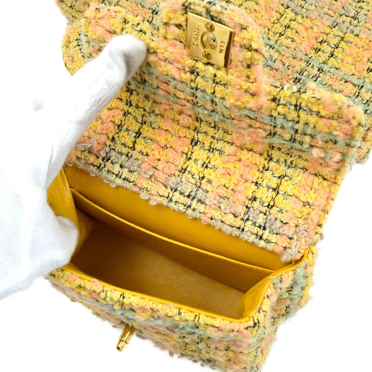 ★香奈儿 * 1991-1994顶部手柄袋套黄色花呢