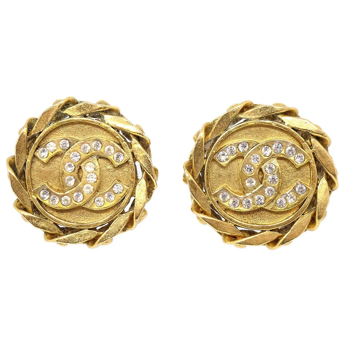 Chanel Button Rhinestone Earrings Clip-On Gold 23