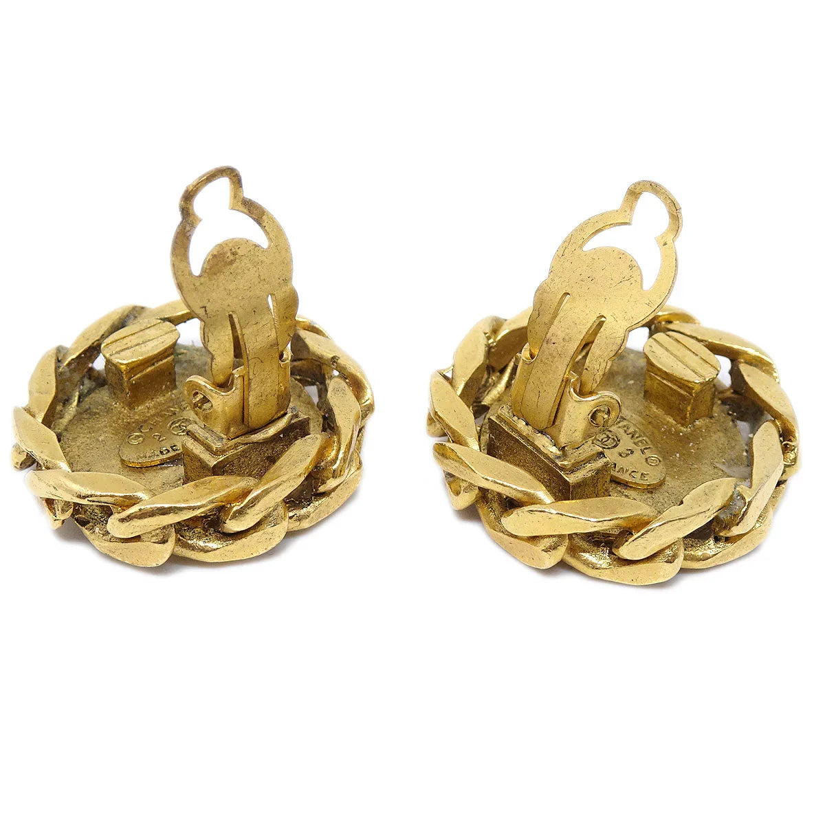 Chanel Button Rhinestone Earrings Clip-On Gold 23