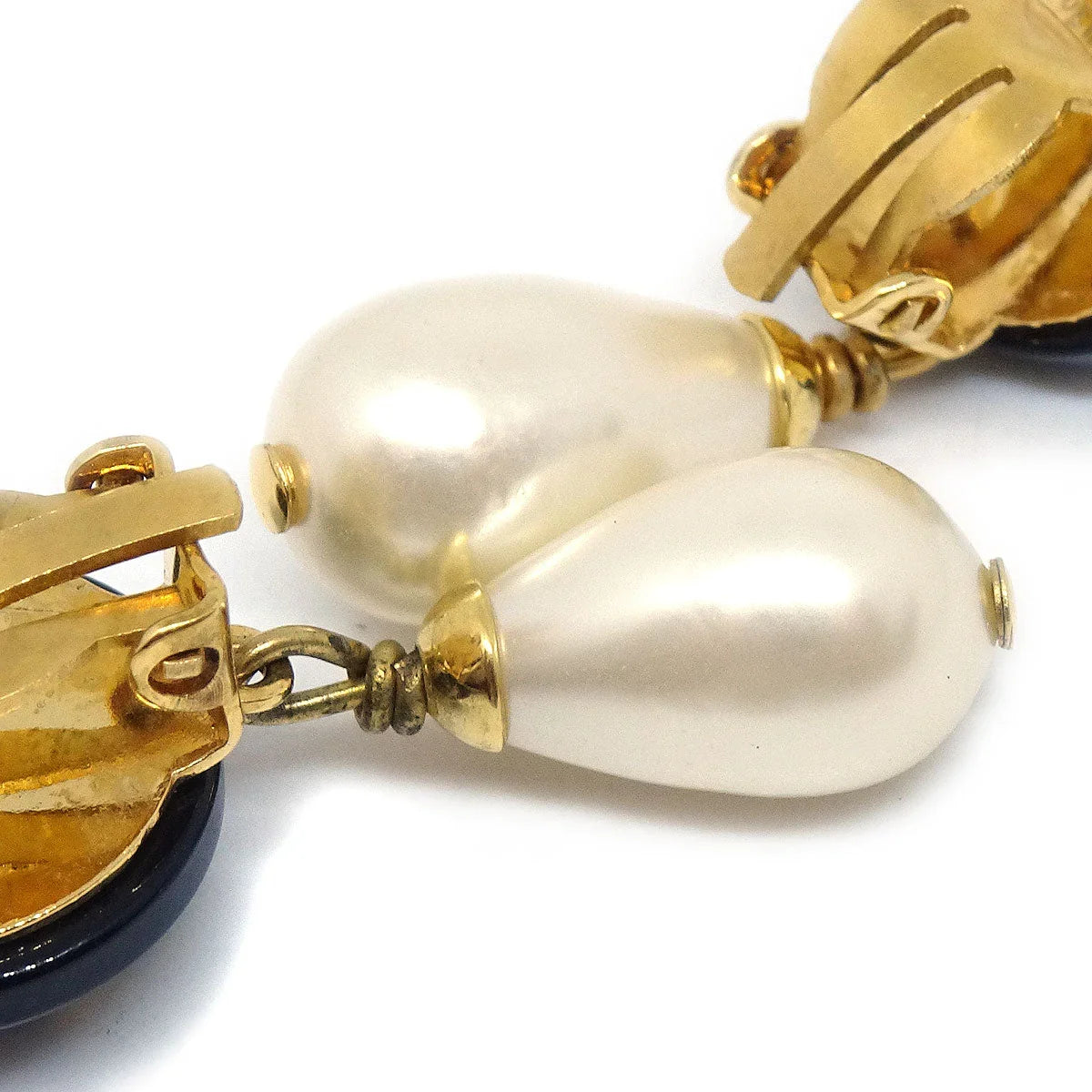 Chanel 1996 Black CC & Faux Teardrop Pearl Dangle Earrings