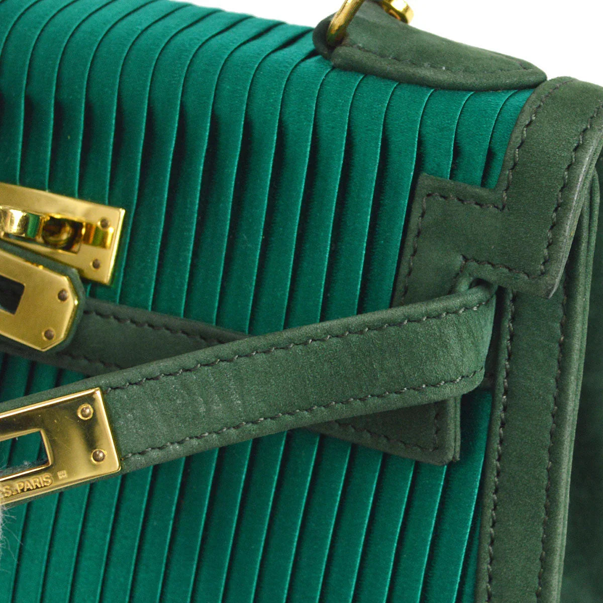 HERMES * 1990 Mini Kelly 20 SELLIER Green Pleated Satin