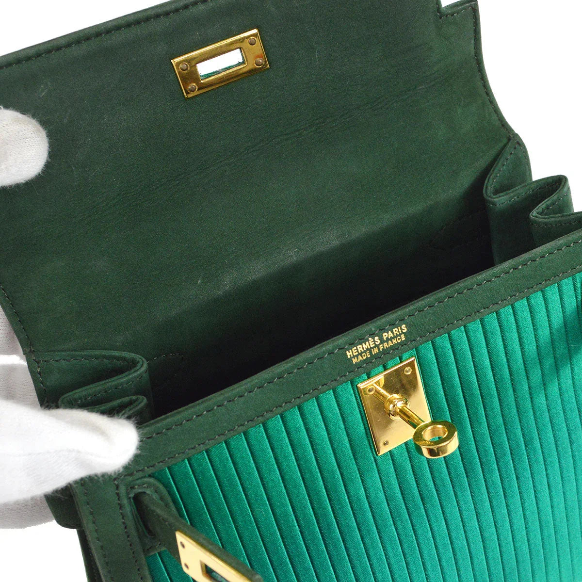 HERMES * 1990 Mini Kelly 20 SELLIER Green Pleated Satin