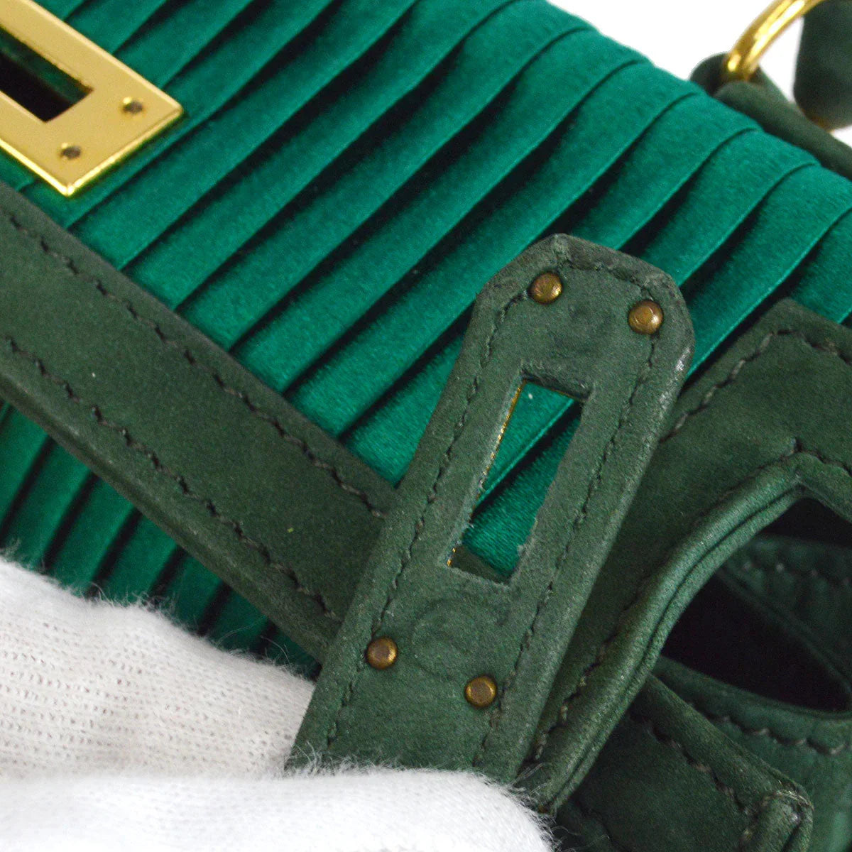 HERMES * 1990 Mini Kelly 20 SELLIER Green Pleated Satin