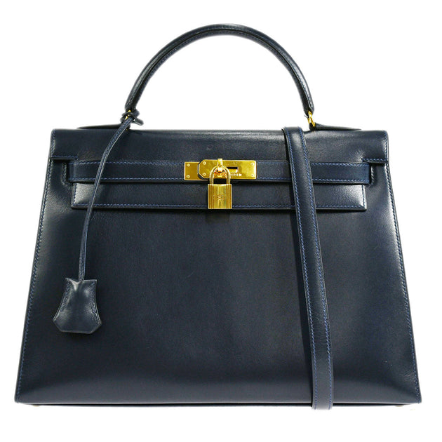 Hermes Dark Blue Kelly 32 Sellier Box Calf Circle M Stamp Gold