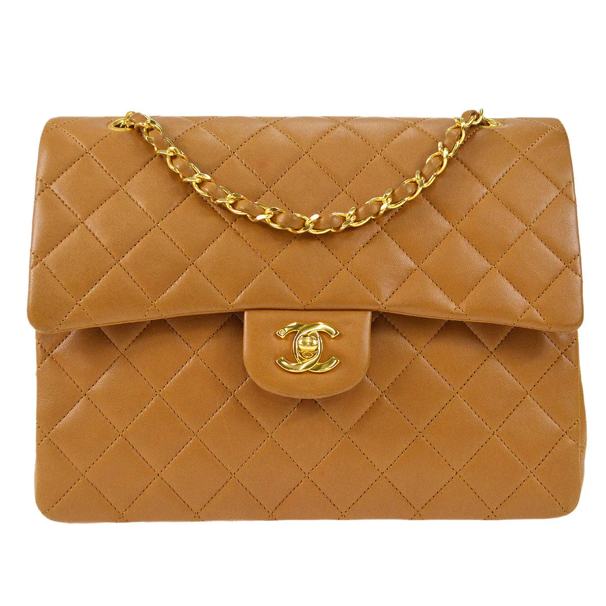 Chanel 1989-1991 Tall Classic Double Flap Medium Camel Lambskin