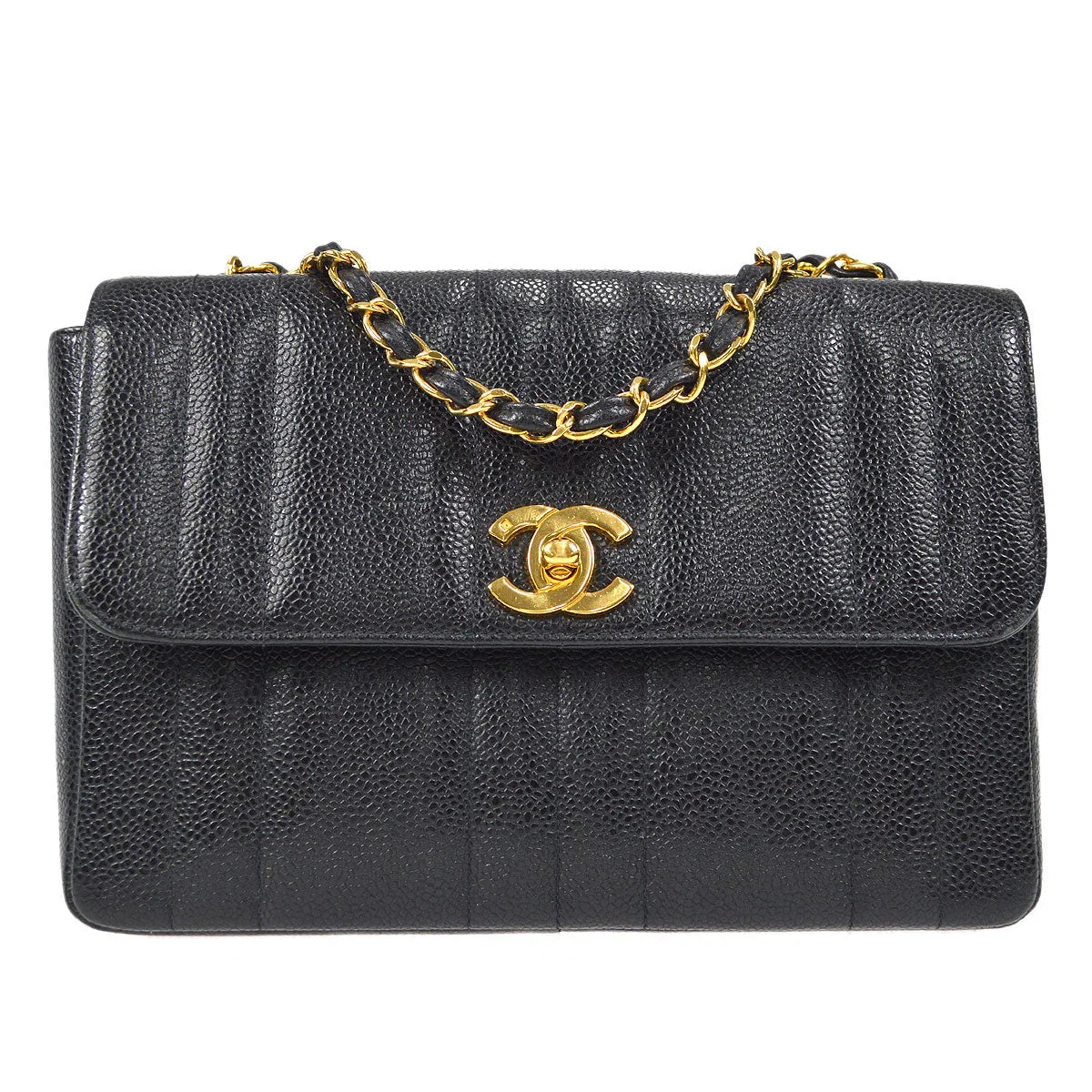 Chanel 1994-1996 Black Caviar Small Vertical Stitch Straight Flap Bag