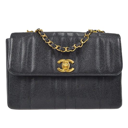 Chanel 1994-1996 Black Caviar Small Vertical Stitch Straight Flap Bag