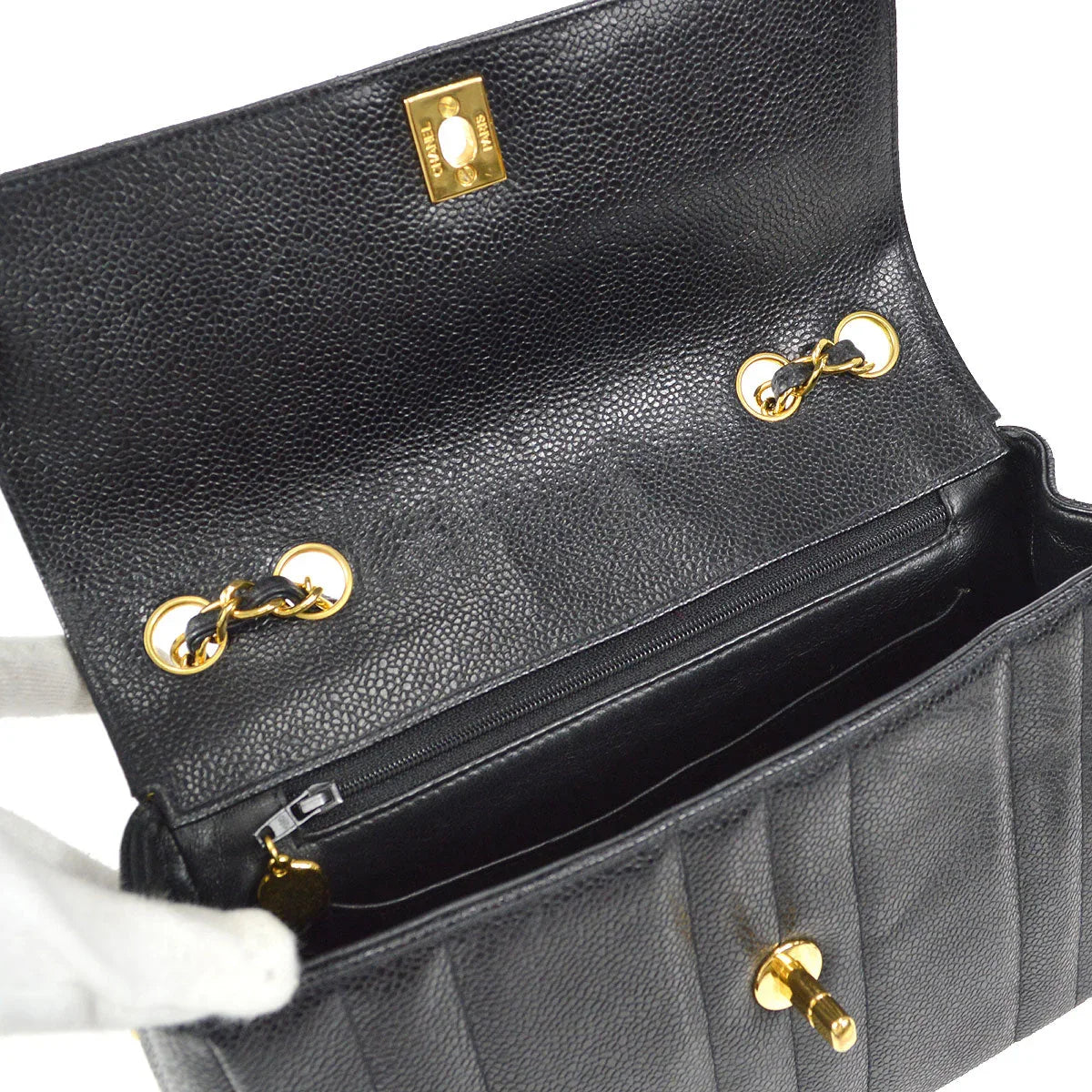 Chanel 1994-1996 Black Caviar Small Vertical Stitch Straight Flap Bag