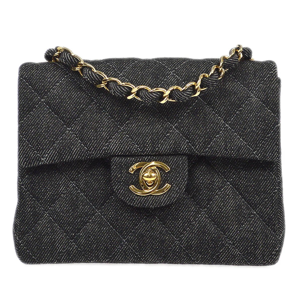 CHANEL 1997-1999 Classic Flap Mini Square 17 Black Denim