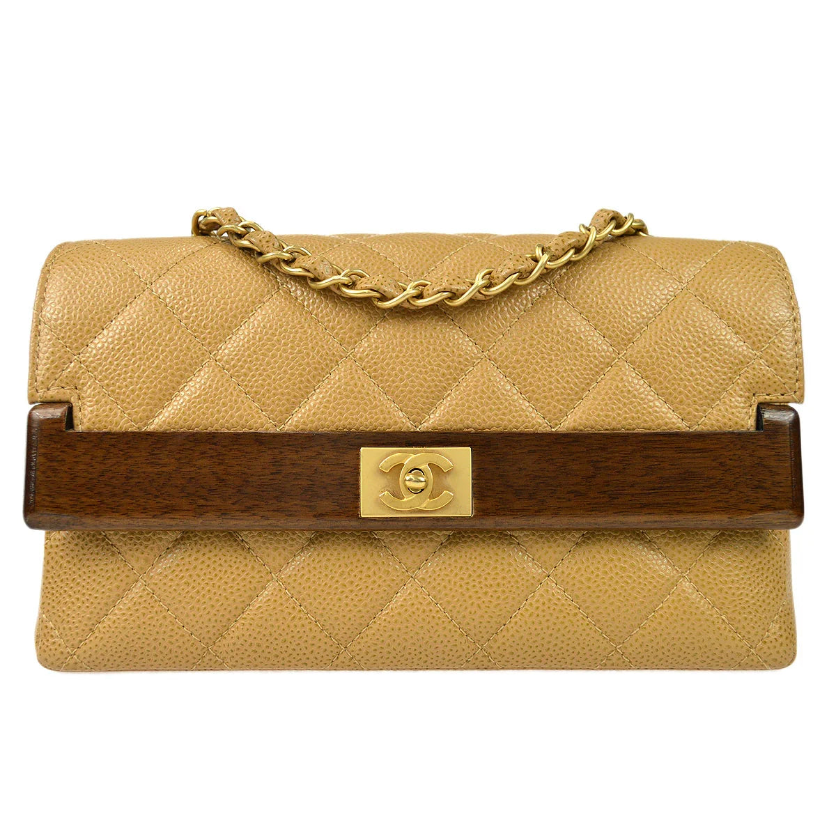 Chanel * 2003-2004 Wood Detailed Strait Flap Small Beige Caviar