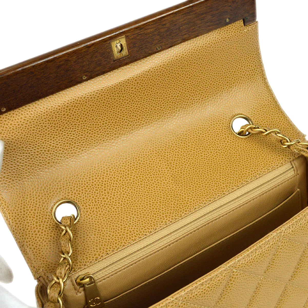 Chanel * 2003-2004 Wood Detailed Strait Flap Small Beige Caviar