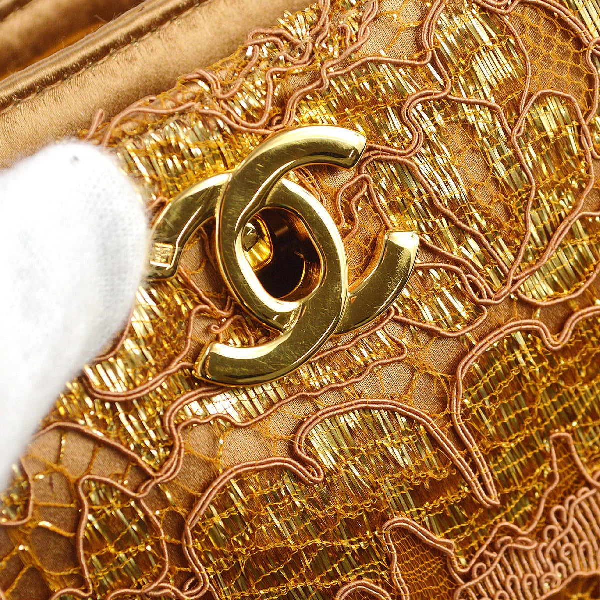 Chanel 1997-1999 * Double Side Turnlock Handbag Gold Satin