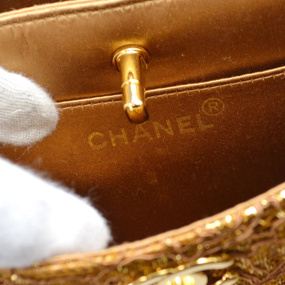 Chanel 1997-1999 * Double Side Turnlock Handbag Gold Satin