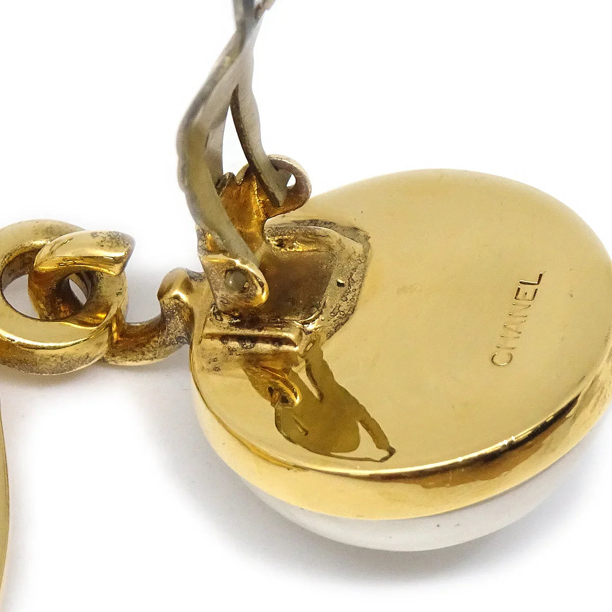 Chanel Dangle Hoop Earrings Clip-On Gold Artificial Pearl