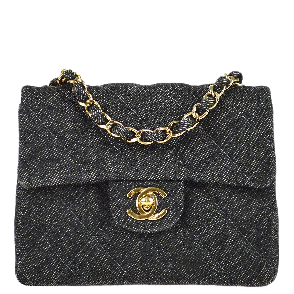 Chanel 1997-1999 Black Denim Mini Classic Square Flap Shoulder Bag 17