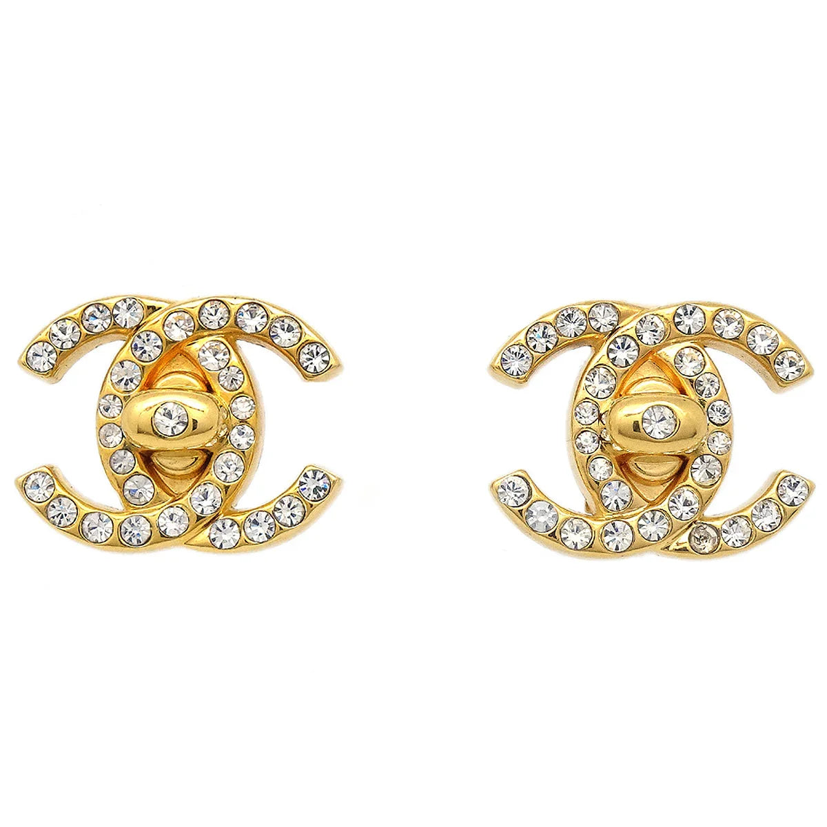 Chanel 1996 Rhinestone CC Turnlock Clip-On Earrings Small