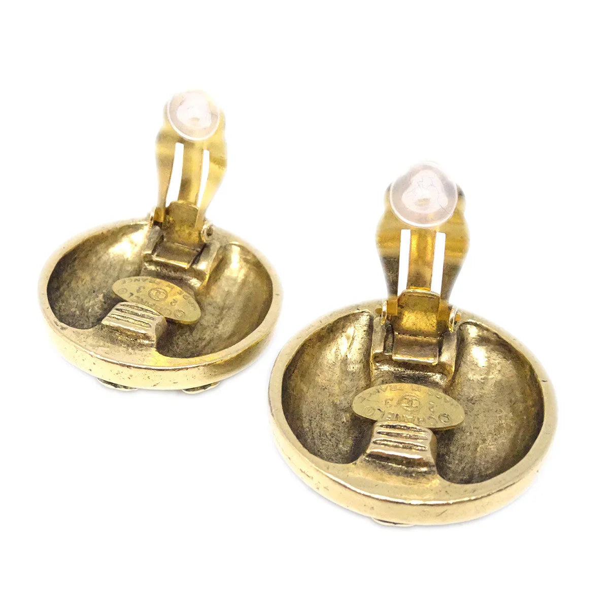 Chanel Button Rhinestone Earrings Clip-On Gold 23