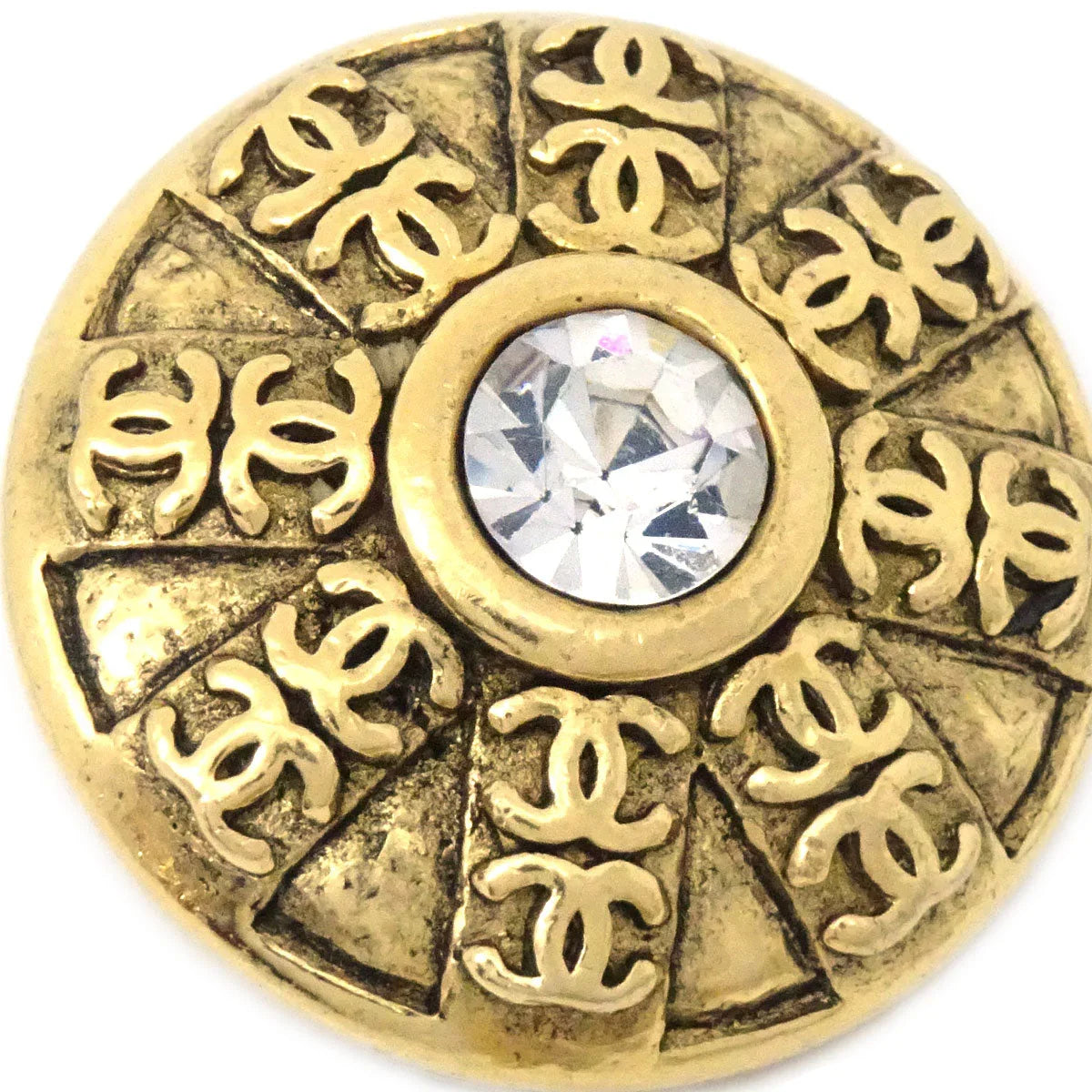 Chanel Button Rhinestone Earrings Clip-On Gold 23