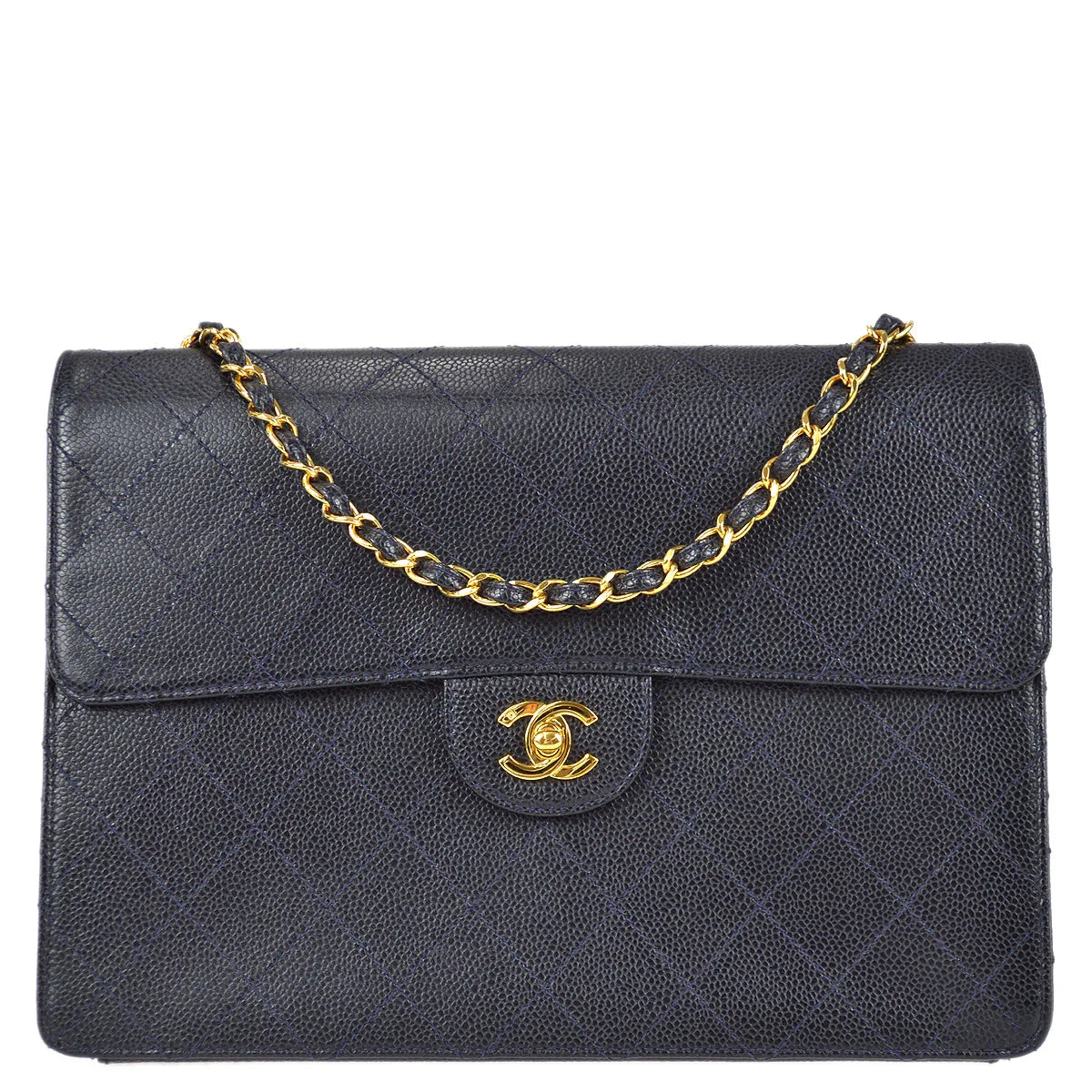 Chanel 1997-1999 Navy Caviar Classic Flap Chain Shoulder Bag