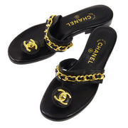 Chanel * Black Lambskin Turnlock Sandals Shoes #39