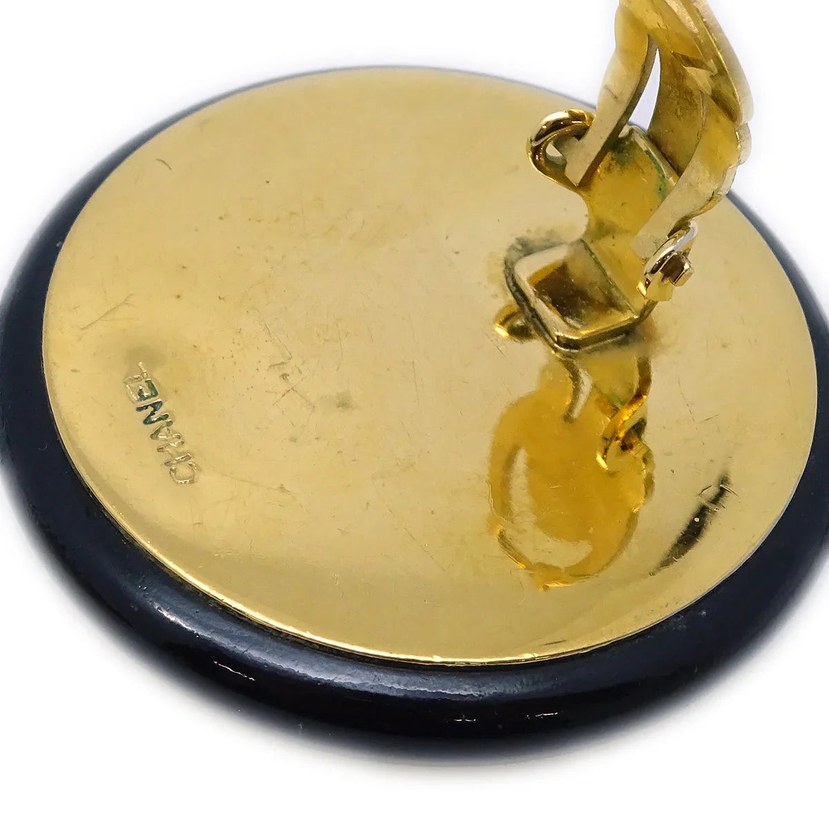 Chanel Button Earrings Clip-On Black Gold
