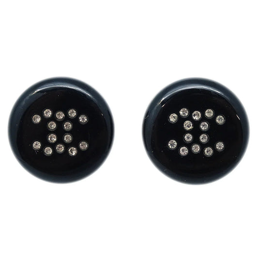 Chanel Button Pierced Earrings Rhinestone Black 00A