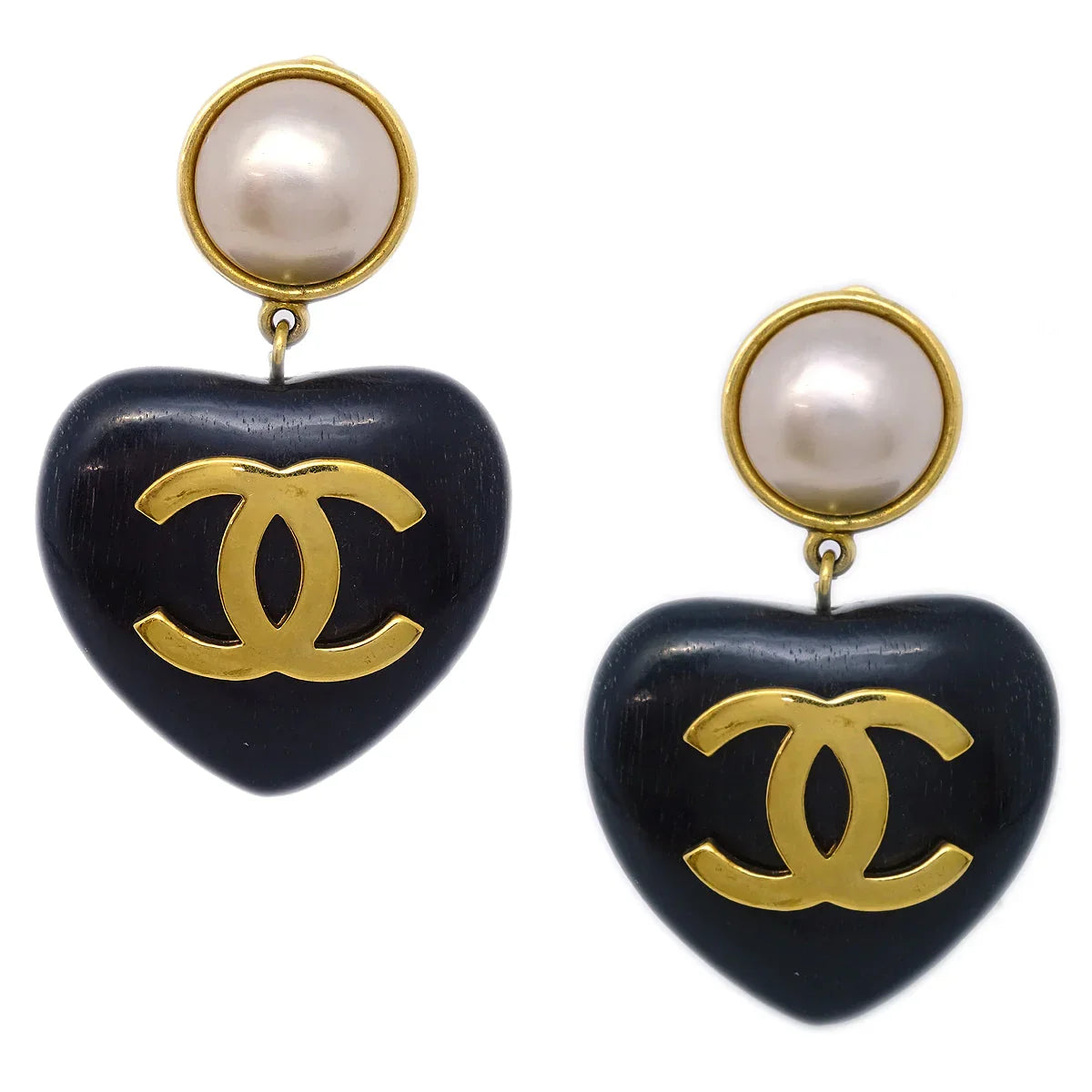 Chanel Artificial Pearl Dangle Heart Earrings Clip-On Black 28