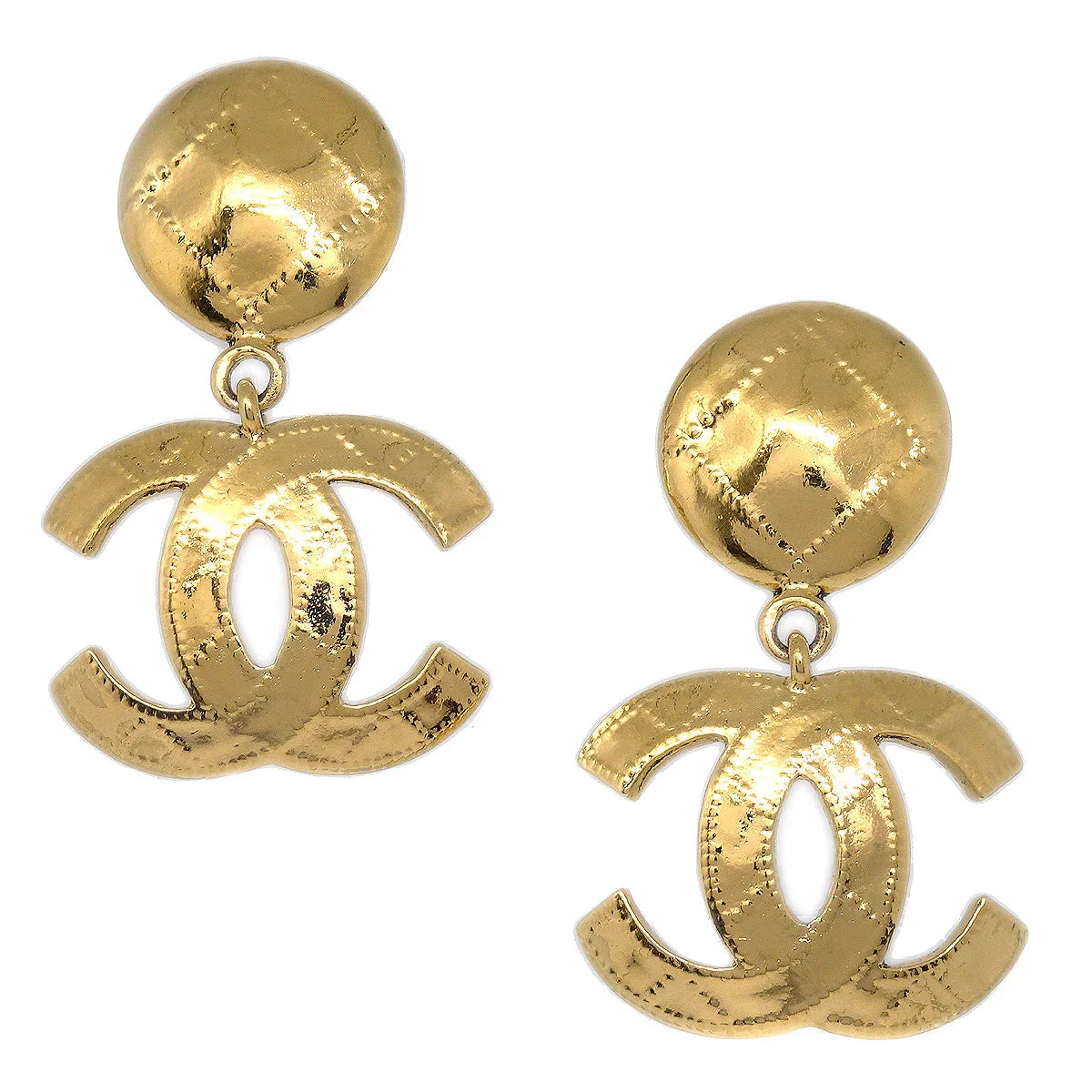 Chanel 1994 Quilted CC Dangle Earrings Clip-On Gold Small