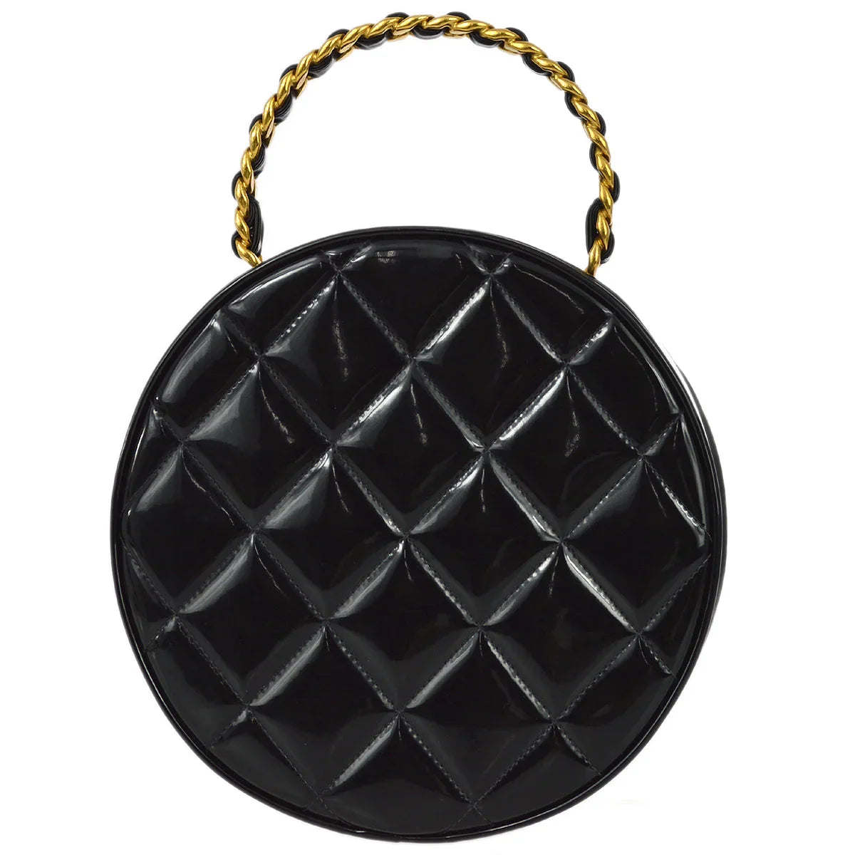 Chanel 1994-1996 Black Patent Leather Round Vanity Handbag