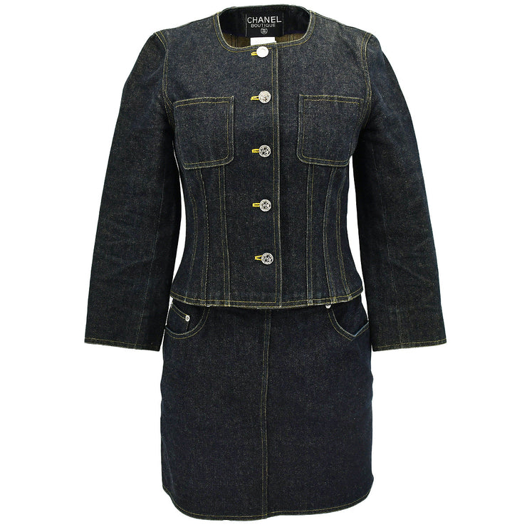 Chanel Spring 1996 Setup Suit Collarless Jacket Skirt Denim Indigo #38