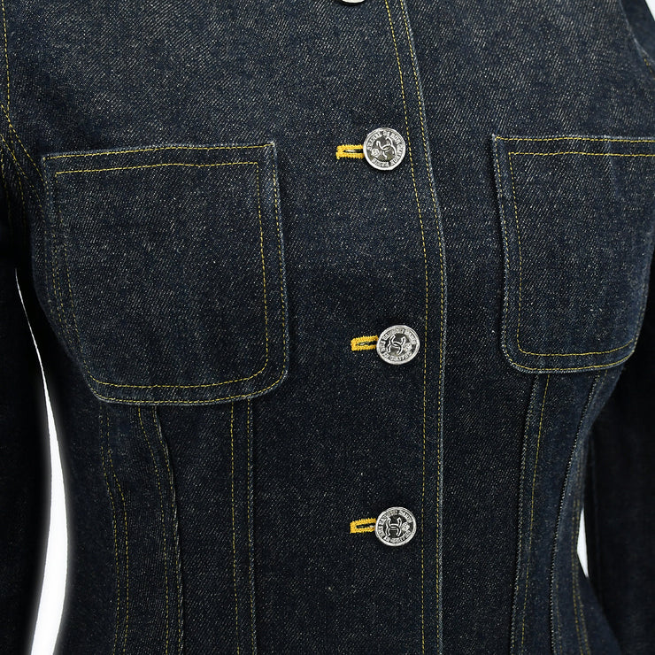 Chanel Spring 1996 Setup Suit Collarless Jacket Skirt Denim Indigo #38
